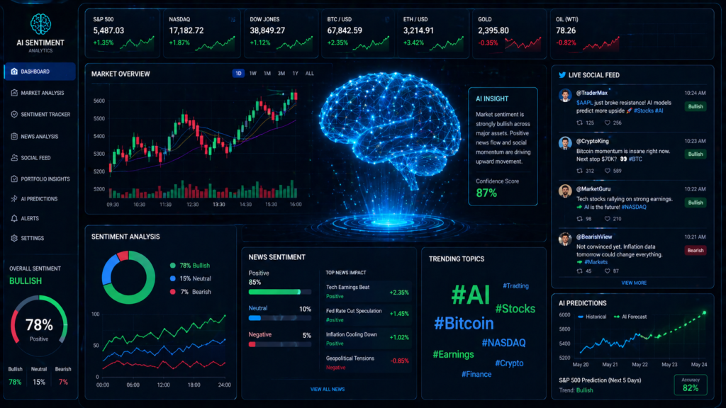 AI analyzing news sentiment with social media feeds and stock charts