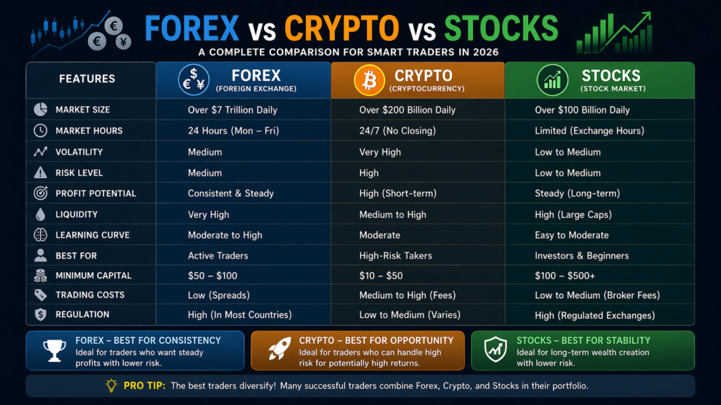comparision of forex, crypto and stocks