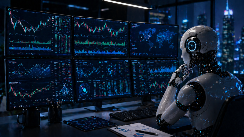 Futuristic AI analyzing financial charts, glowing data streams, forex crypto stock graphs, modern trading technology