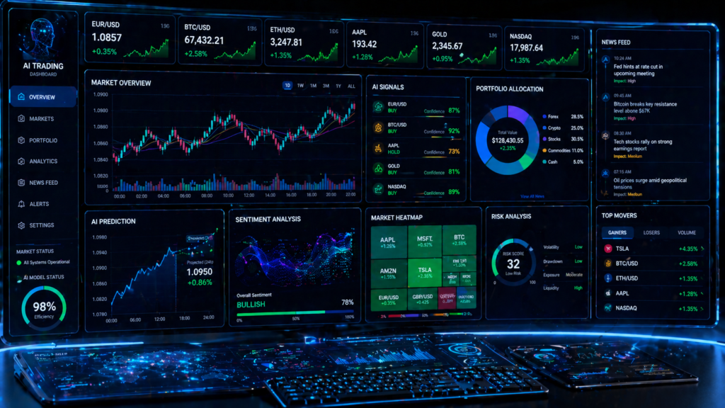 AI dashboard analyzing multiple trading charts